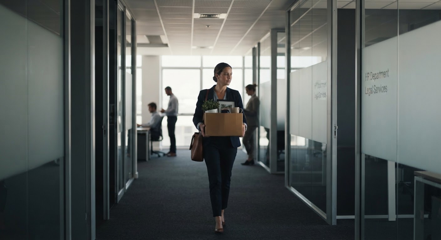 An employee walking down an office corridor carrying personal items