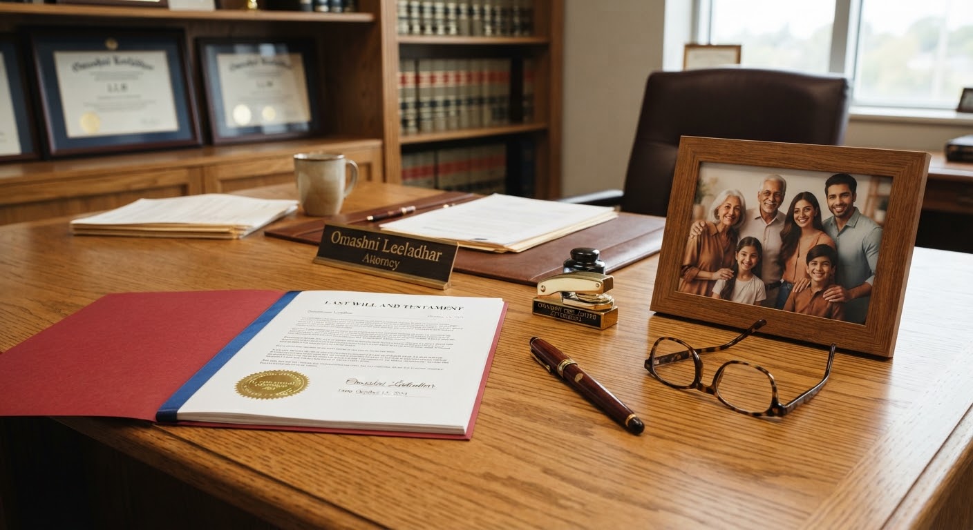 A signed Last Will and Testament beside reading glasses and a family photograph